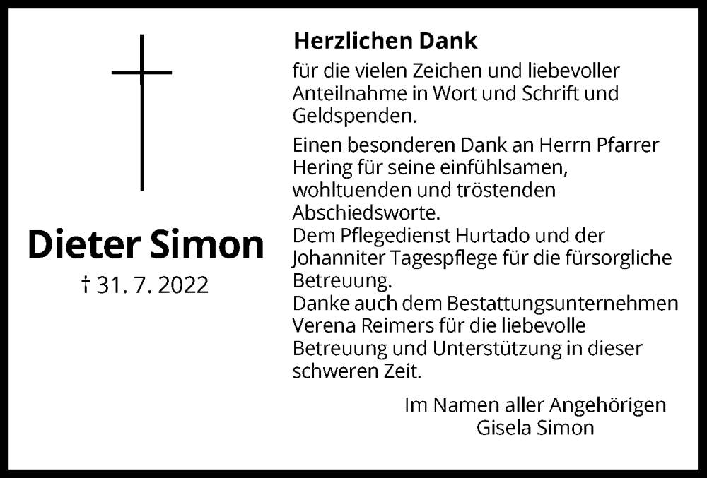  Traueranzeige für Dieter Simon vom 27.08.2022 aus HNA