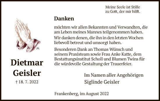 Traueranzeige von Dietmar Geisler von HNA