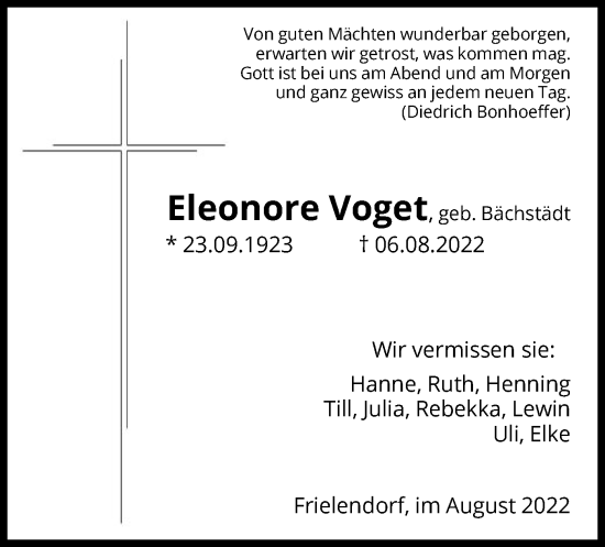 Traueranzeige von Eleoenore Voget von HNA