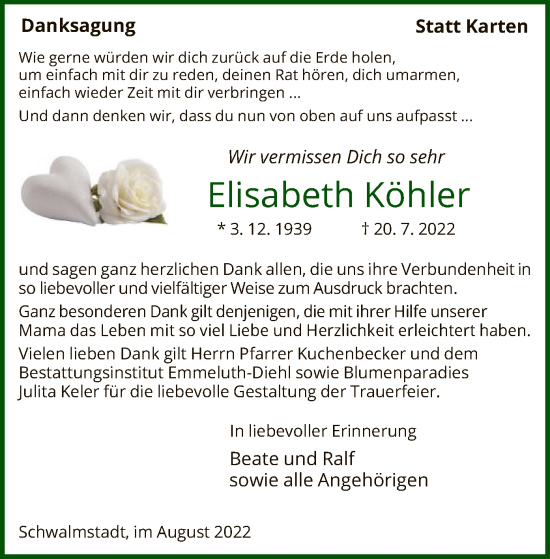 Traueranzeige von Elisabeth Köhler von HNA