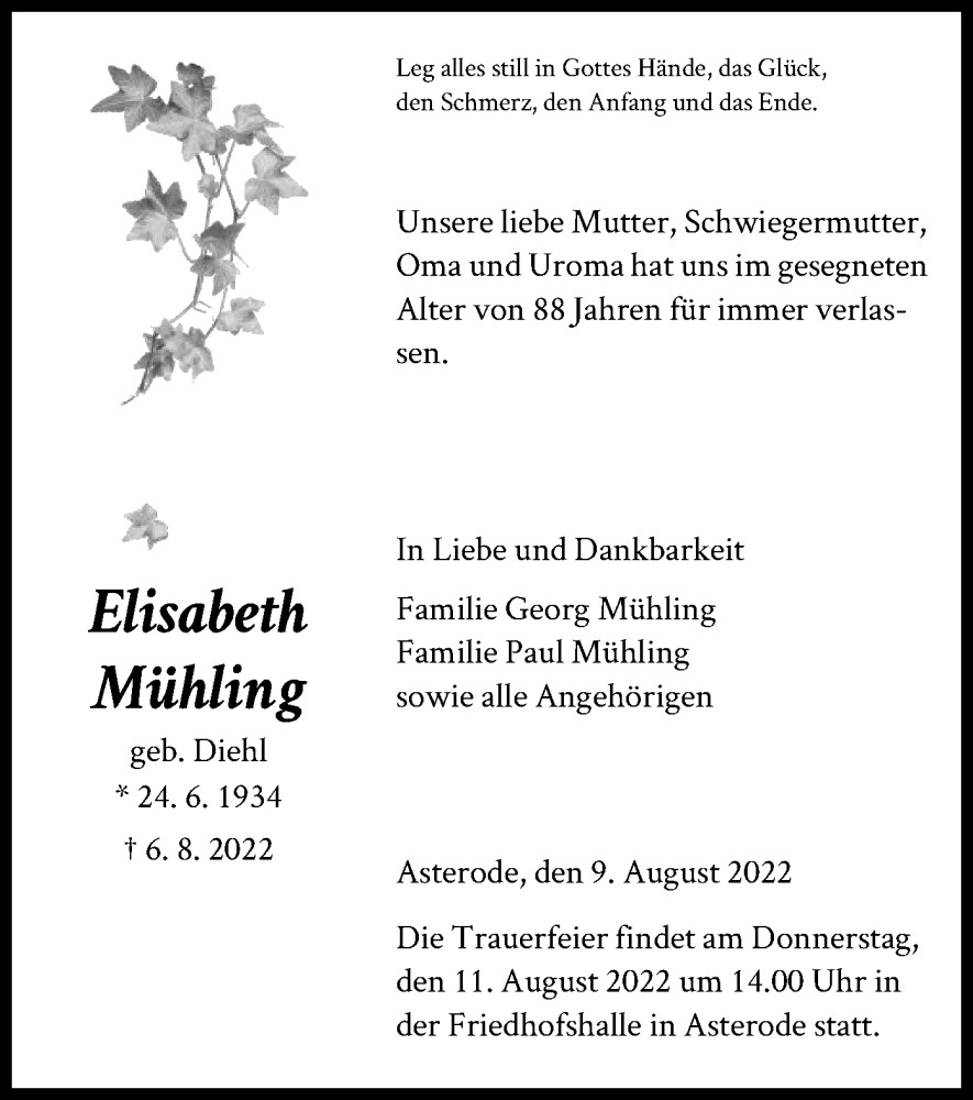  Traueranzeige für Elisabeth Mühling vom 09.08.2022 aus HNA