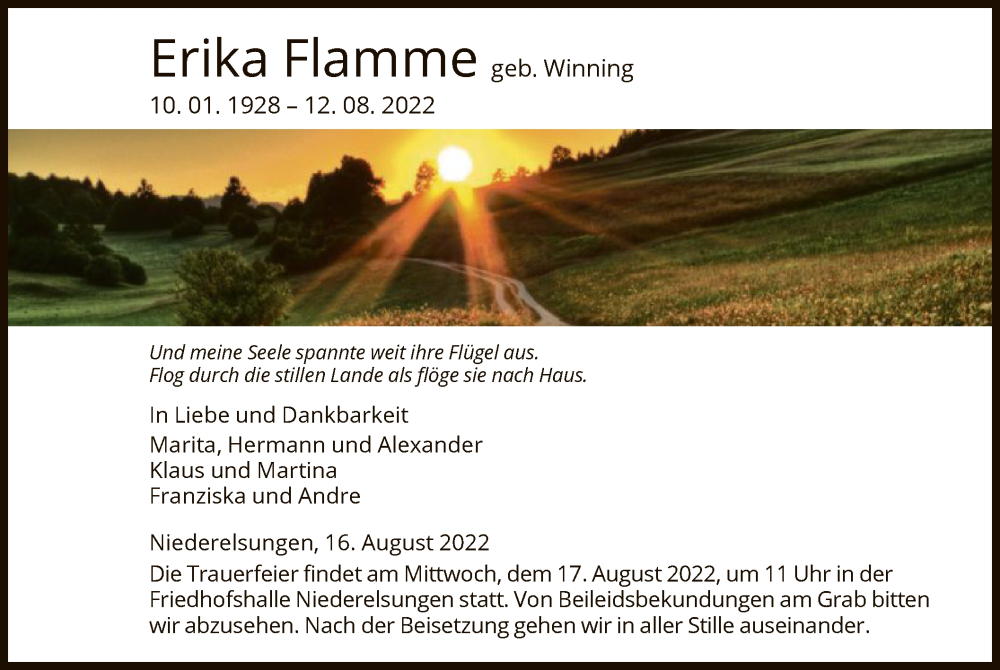  Traueranzeige für Erika Flamme vom 16.08.2022 aus HNA