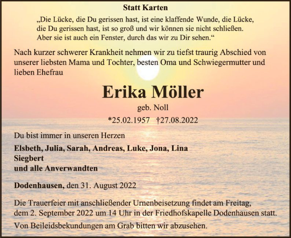  Traueranzeige für Erika Möller vom 31.08.2022 aus WLZ