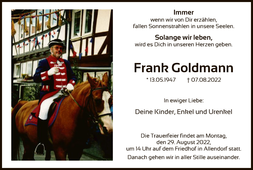  Traueranzeige für Frank Goldmann vom 20.08.2022 aus HNA