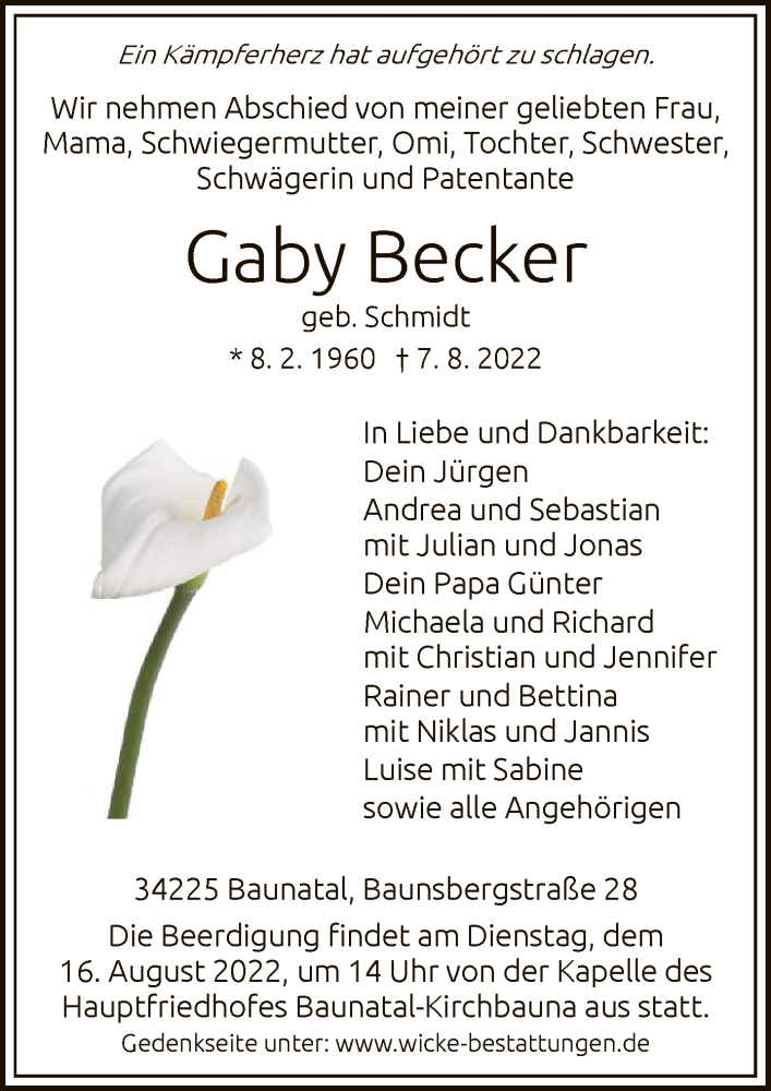  Traueranzeige für Gaby Becker vom 13.08.2022 aus HNA