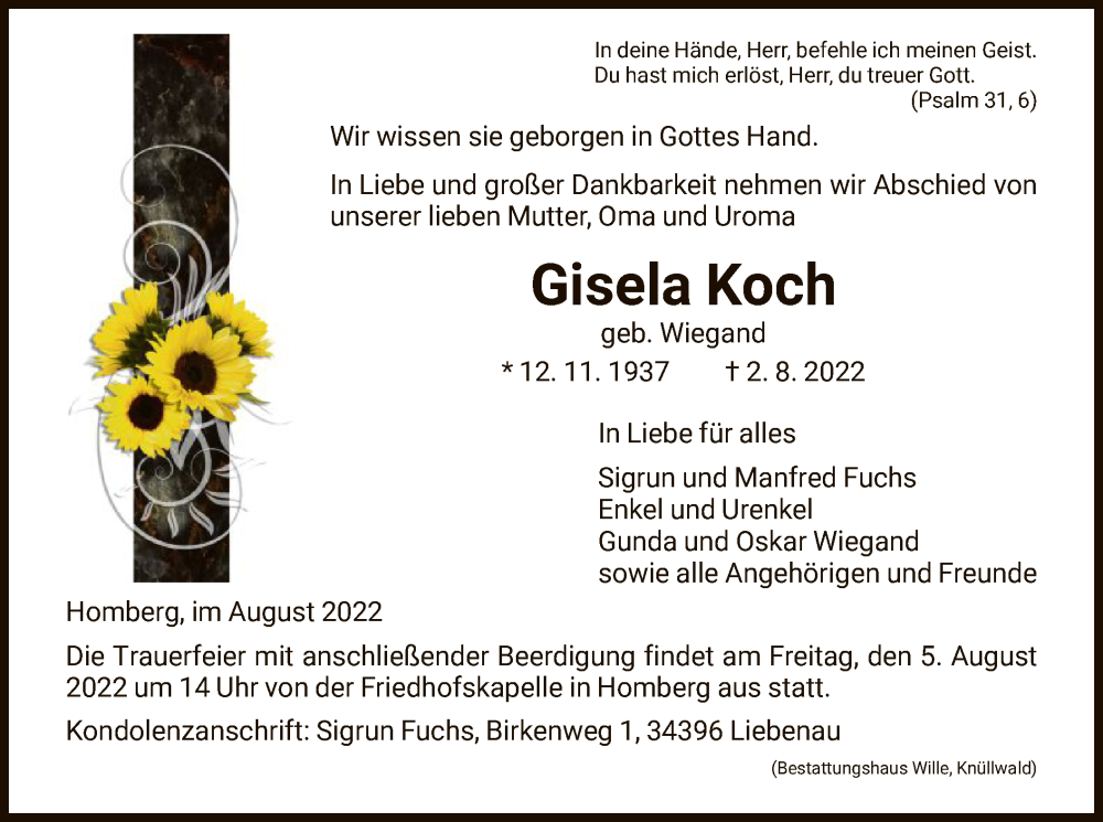  Traueranzeige für Gisela Koch vom 04.08.2022 aus HNA