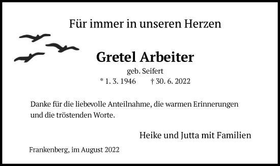 Traueranzeige von Gretel Arbeiter von HNA