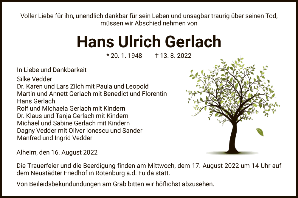  Traueranzeige für Hans Ulrich Gerlach vom 16.08.2022 aus HNA