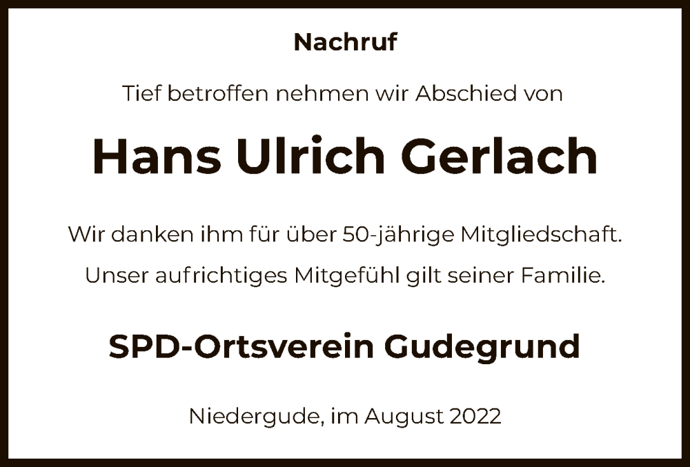 Traueranzeige für Hans Ulrich Gerlach vom 18.08.2022 aus HNA