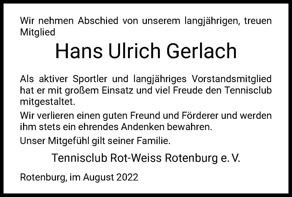  Traueranzeige für Hans Ulrich Gerlach vom 17.08.2022 aus HNA