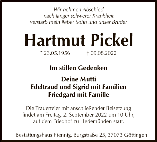 Traueranzeige von Hartmut Pickel von HNA