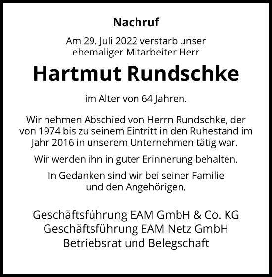 Traueranzeige von Hartmut Rundschke von HNA