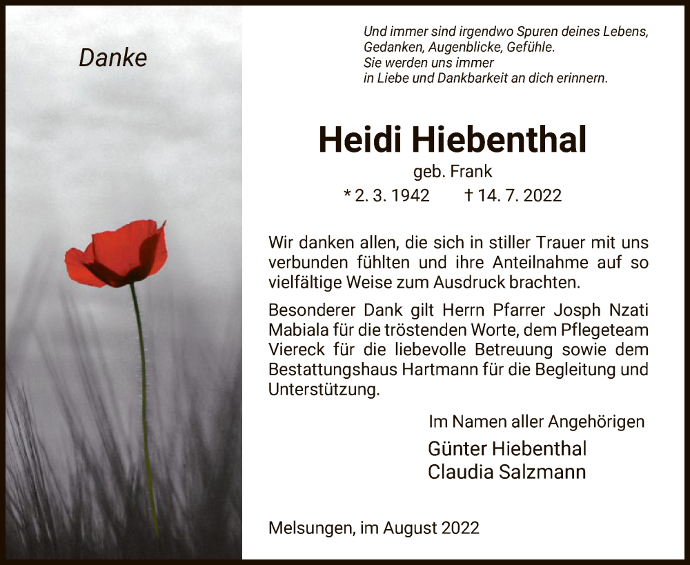  Traueranzeige für Heidi Hiebenthal vom 13.08.2022 aus HNA
