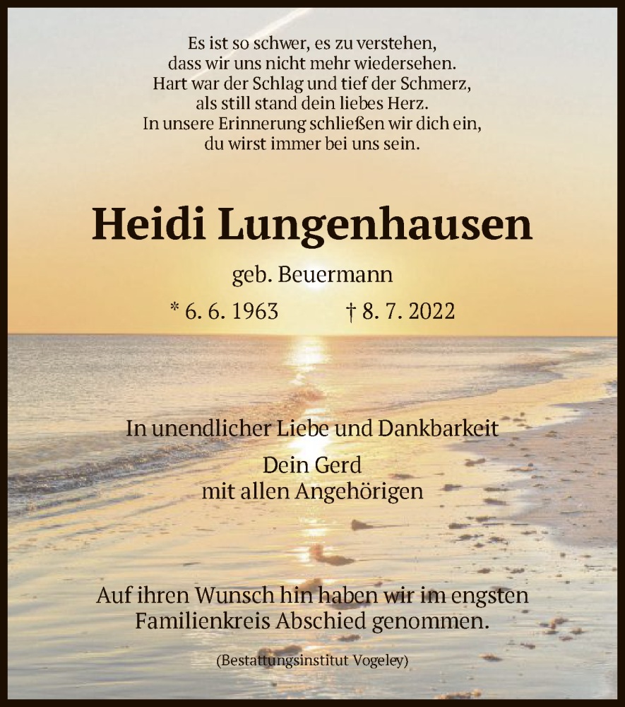  Traueranzeige für Heidi Lungenhausen vom 13.08.2022 aus HNA