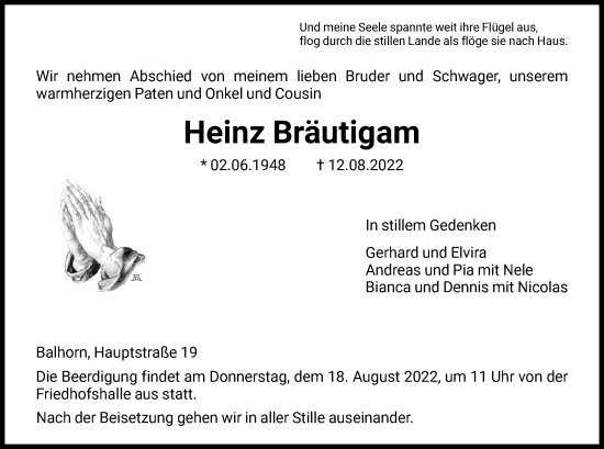 Traueranzeige von Heinz Bräutigam von HNA