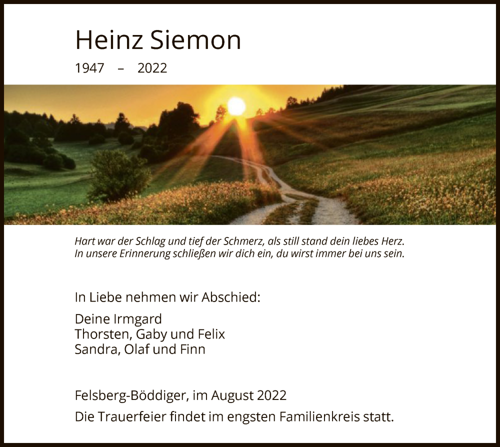  Traueranzeige für Heinz Siemon vom 27.08.2022 aus HNA