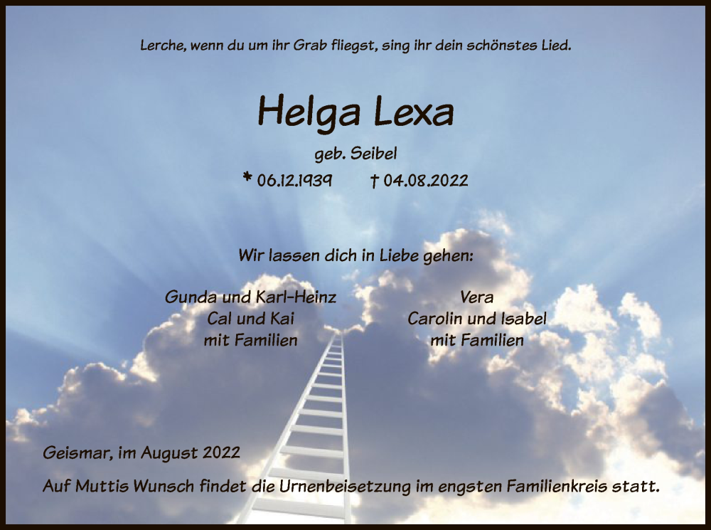 Traueranzeige für Helga Lexa vom 06.08.2022 aus HNA