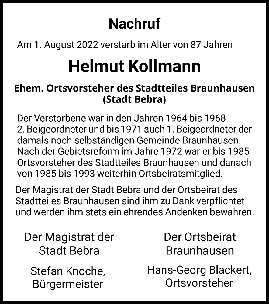  Traueranzeige für Helmut Kollmann vom 06.08.2022 aus HNA