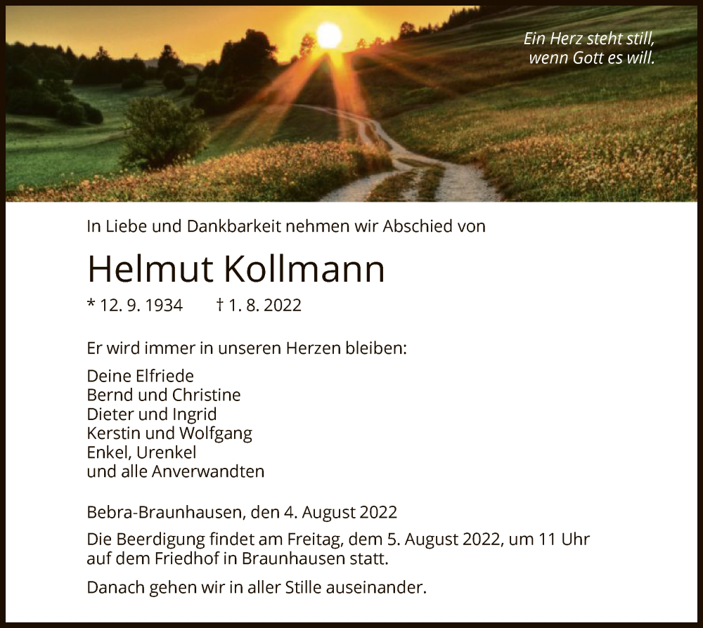  Traueranzeige für Helmut Kollmann vom 04.08.2022 aus HNA