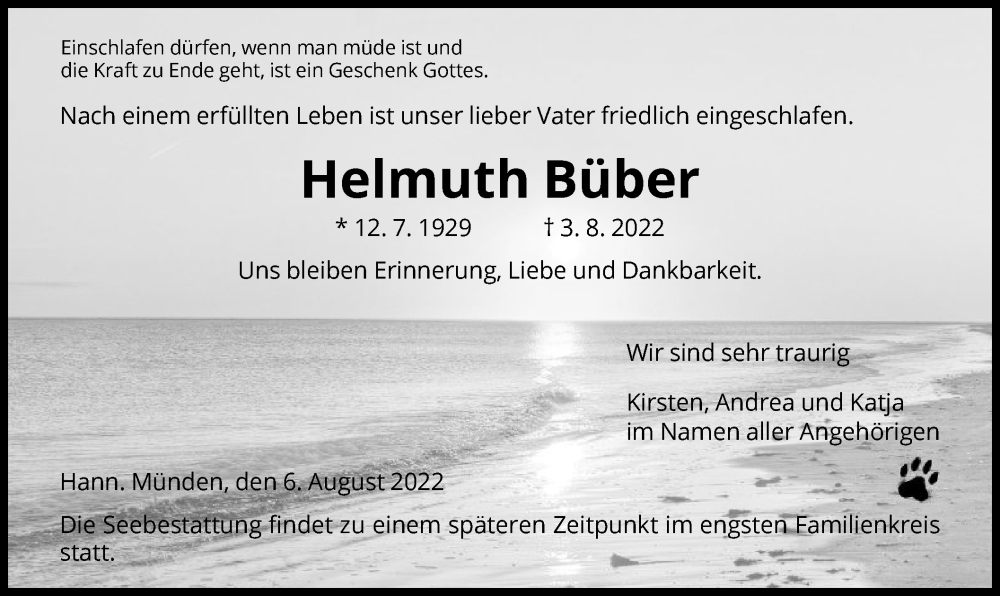  Traueranzeige für Helmuth Büber vom 06.08.2022 aus HNA