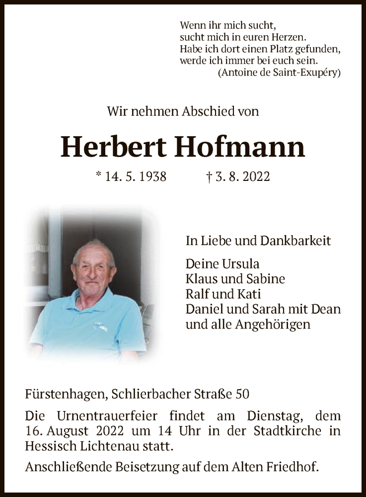  Traueranzeige für Herbert Hofmann vom 06.08.2022 aus HNA