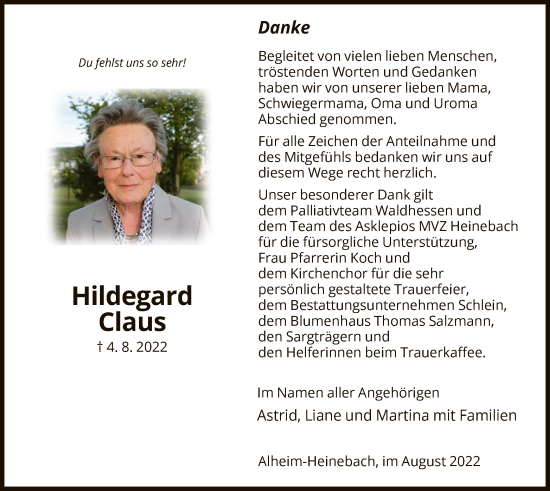Traueranzeige von Hildegard Claus von HNA
