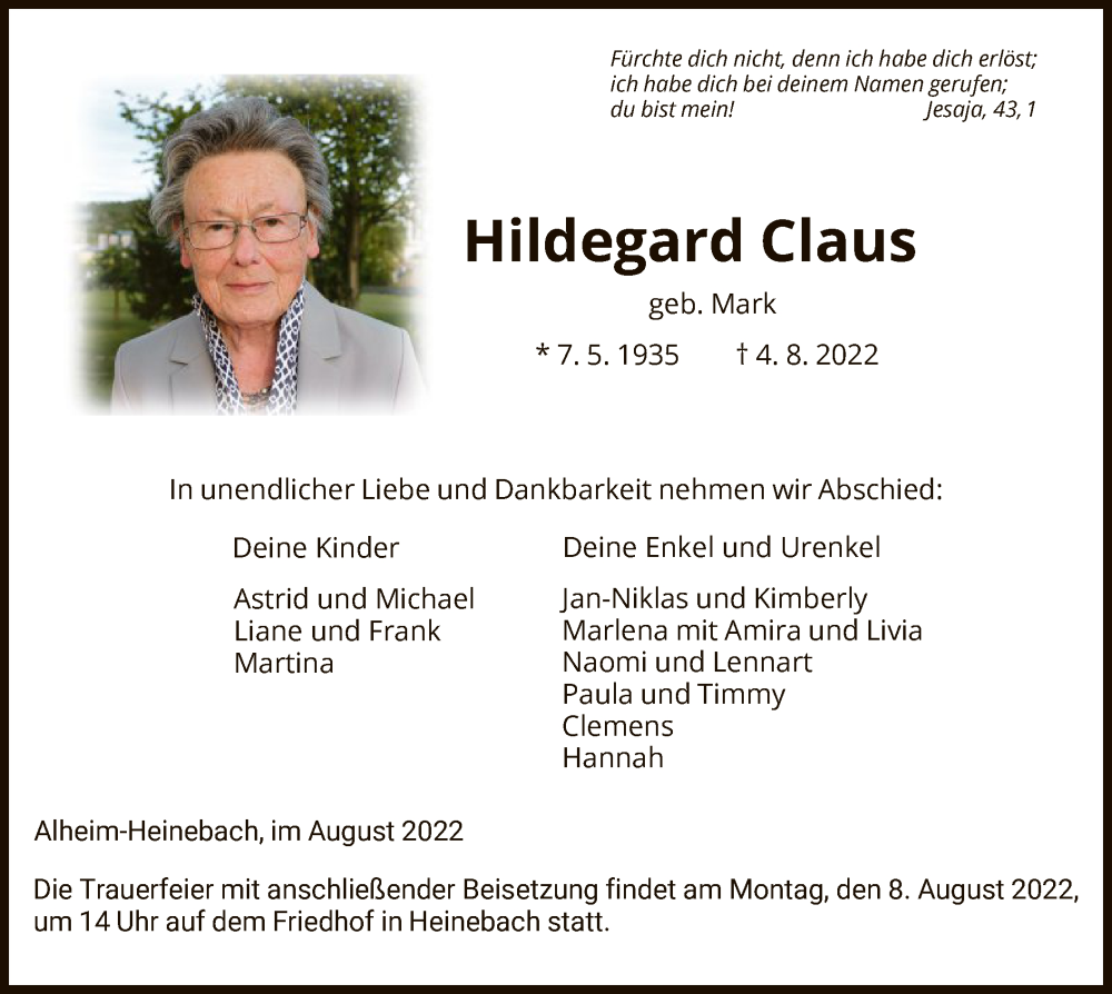  Traueranzeige für Hildegard Claus vom 06.08.2022 aus HNA