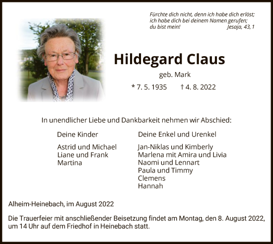 Traueranzeige von Hildegard Claus von HNA