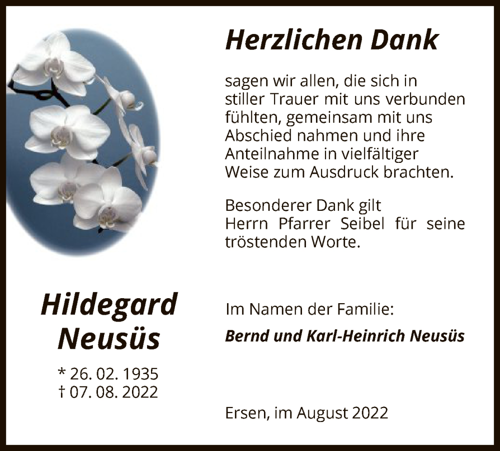  Traueranzeige für Hildegard Neusüs vom 31.08.2022 aus HNA