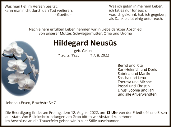Traueranzeige von Hildegard Neusüs von HNA