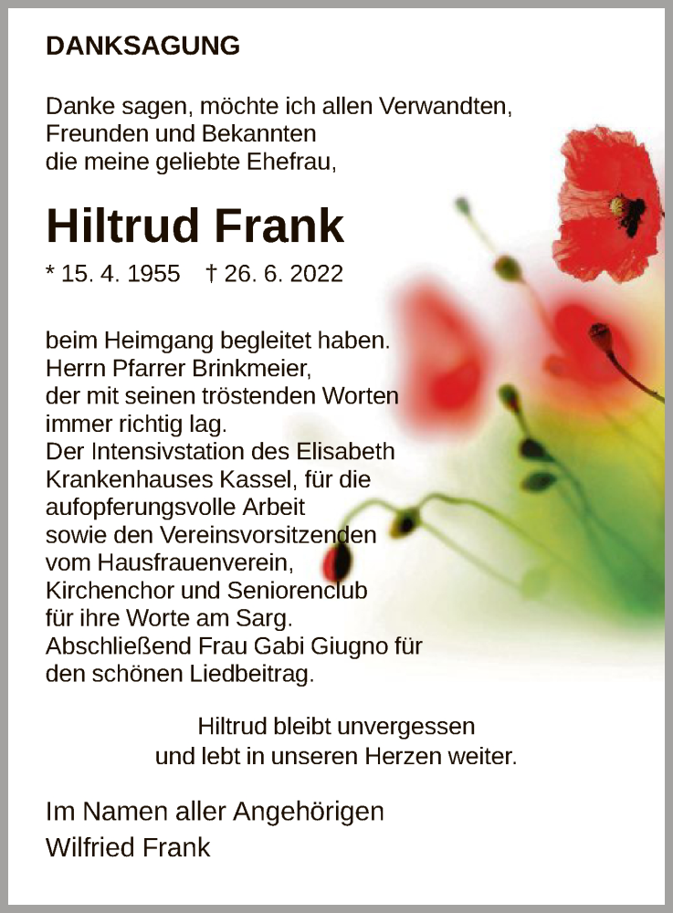  Traueranzeige für Hiltrud Frank vom 06.08.2022 aus HNA