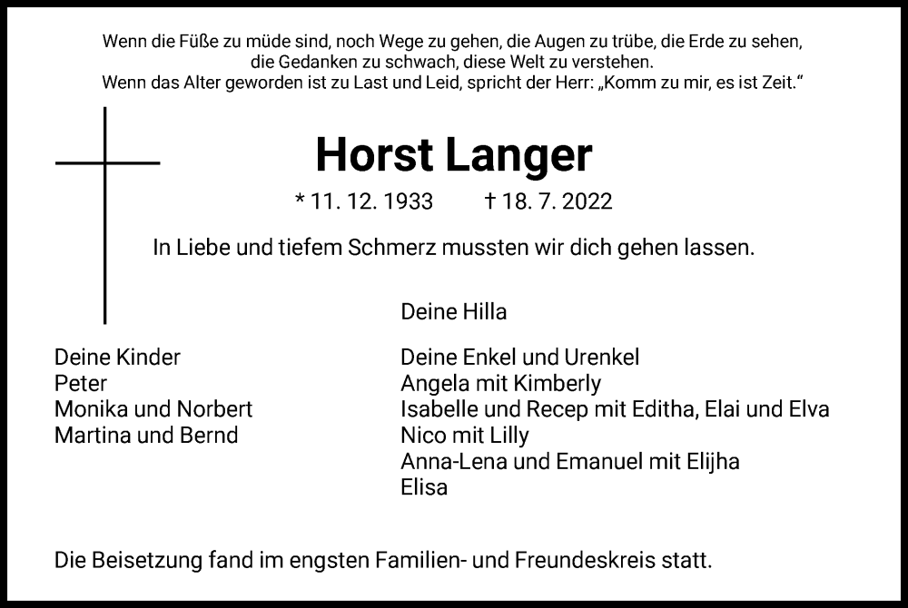  Traueranzeige für Horst Langer vom 13.08.2022 aus HNA