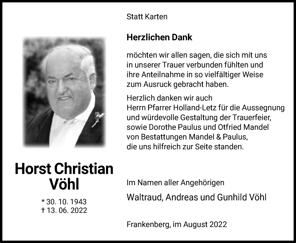  Traueranzeige für Horst Christian Vöhl vom 06.08.2022 aus HNA