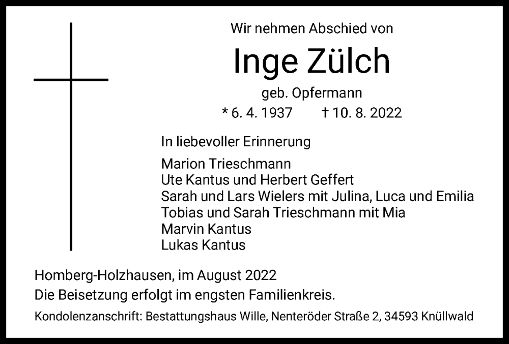  Traueranzeige für Inge Zülch vom 13.08.2022 aus HNA