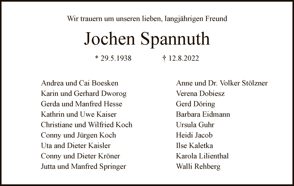 Traueranzeige für Jochen Spannuth vom 27.08.2022 aus HNA