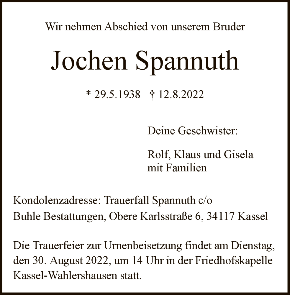  Traueranzeige für Jochen Spannuth vom 27.08.2022 aus HNA