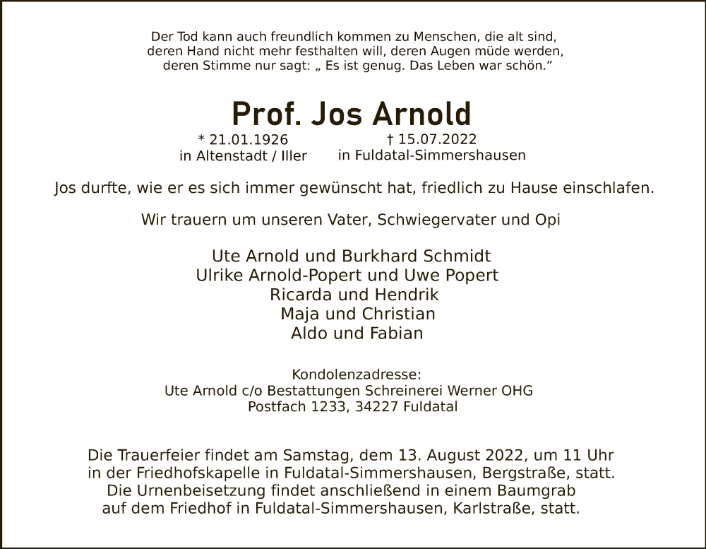 Traueranzeige für Jos Arnold vom 06.08.2022 aus HNA