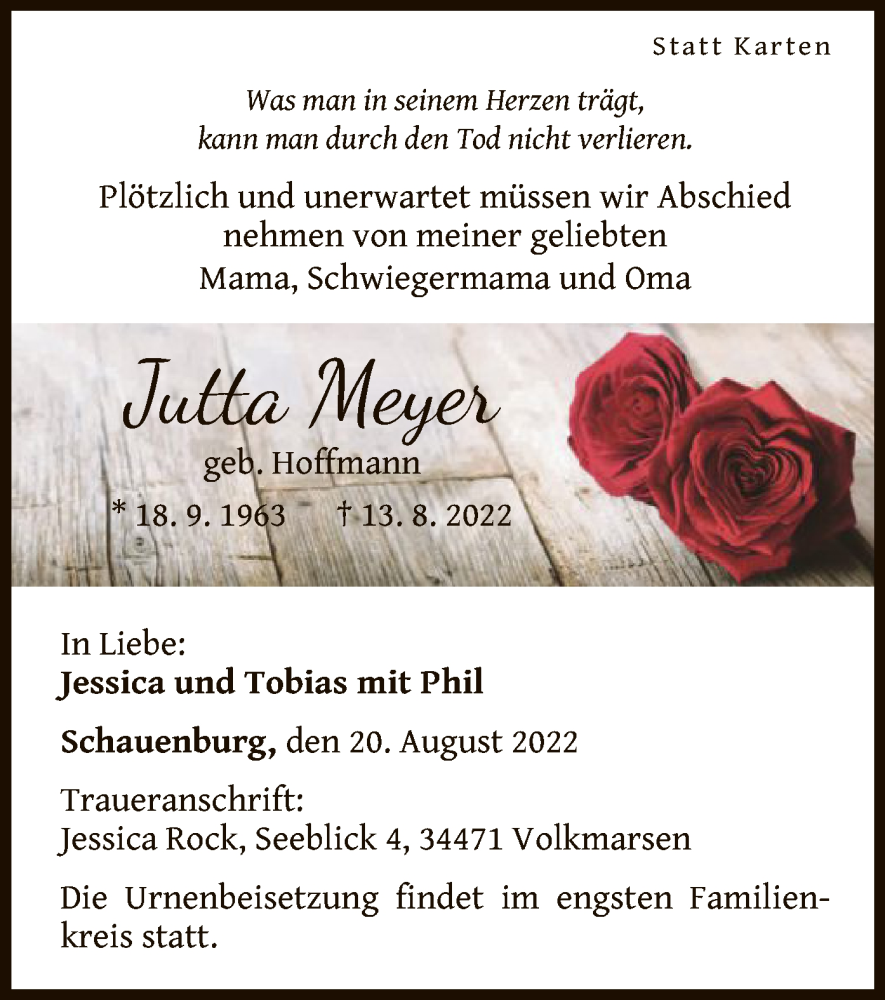  Traueranzeige für Jutta Meyer vom 20.08.2022 aus HNA