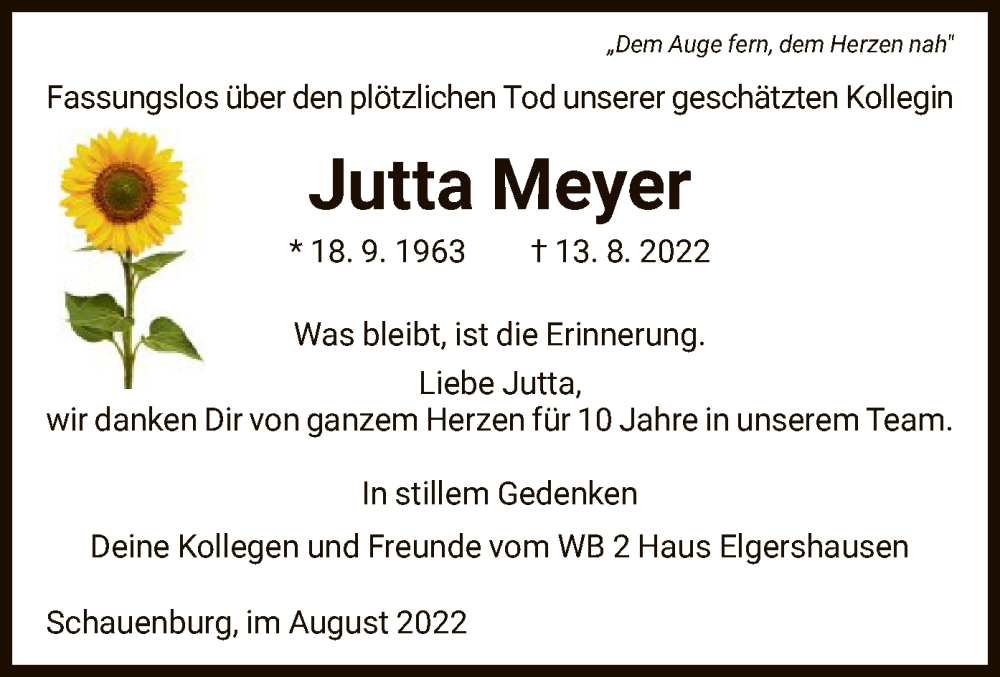  Traueranzeige für Jutta Meyer vom 20.08.2022 aus HNA