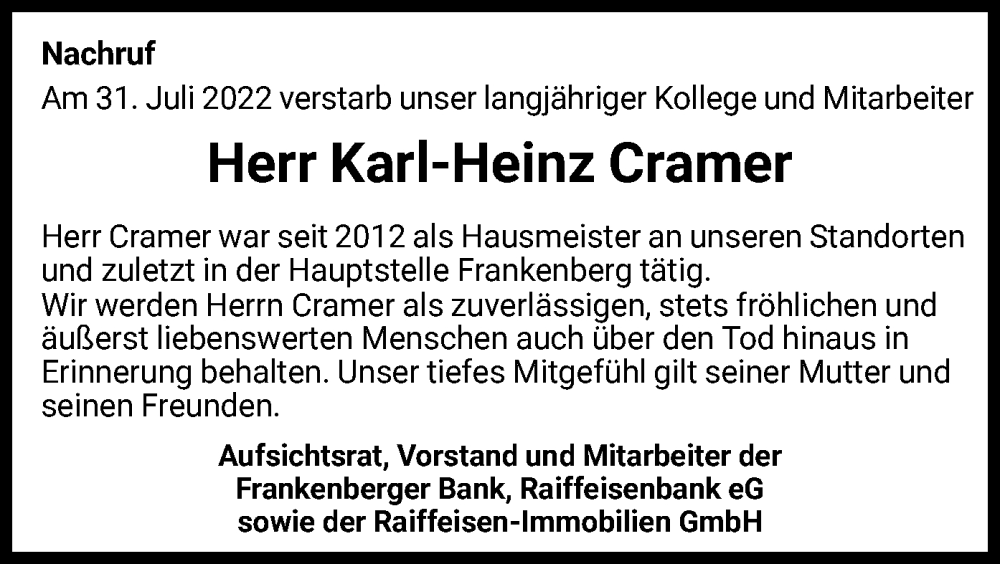  Traueranzeige für Karl-Heinz Cramer vom 13.08.2022 aus HNA