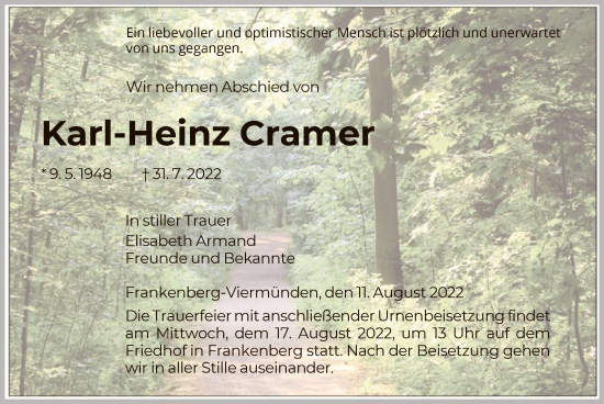 Traueranzeige von Karl-Heinz Cramer von HNA