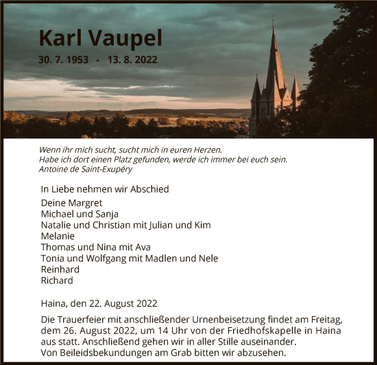 Traueranzeige von Karl Vaupel von HNA