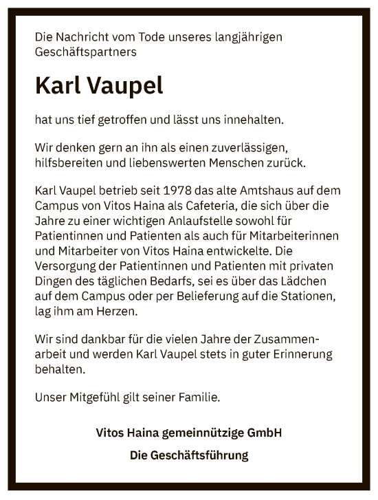 Traueranzeige von Karl Vaupel von HNA