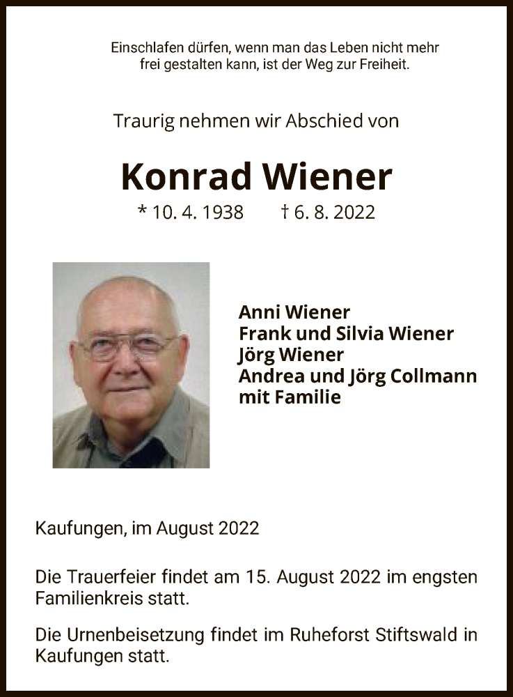  Traueranzeige für Konrad Wiener vom 13.08.2022 aus HNA
