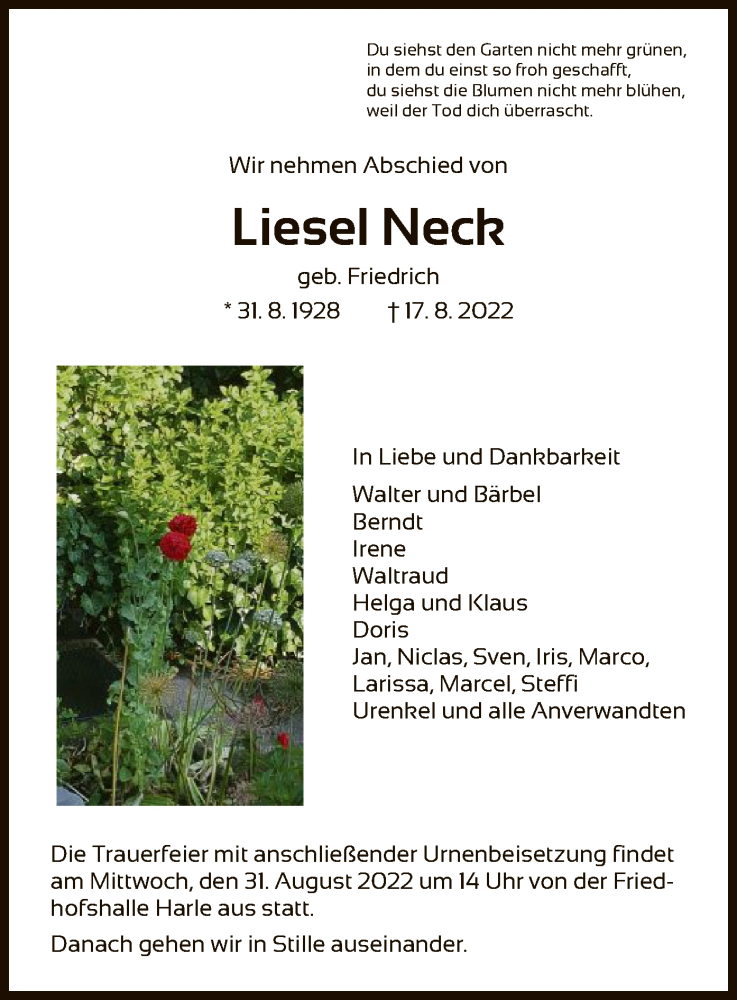  Traueranzeige für Liesel Neck vom 27.08.2022 aus HNA