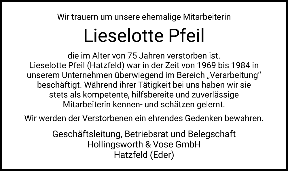  Traueranzeige für Lieselotte Pfeil vom 06.08.2022 aus HNA