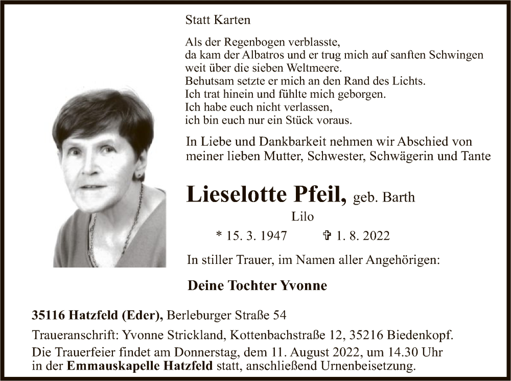  Traueranzeige für Lieselotte Pfeil vom 04.08.2022 aus HNA