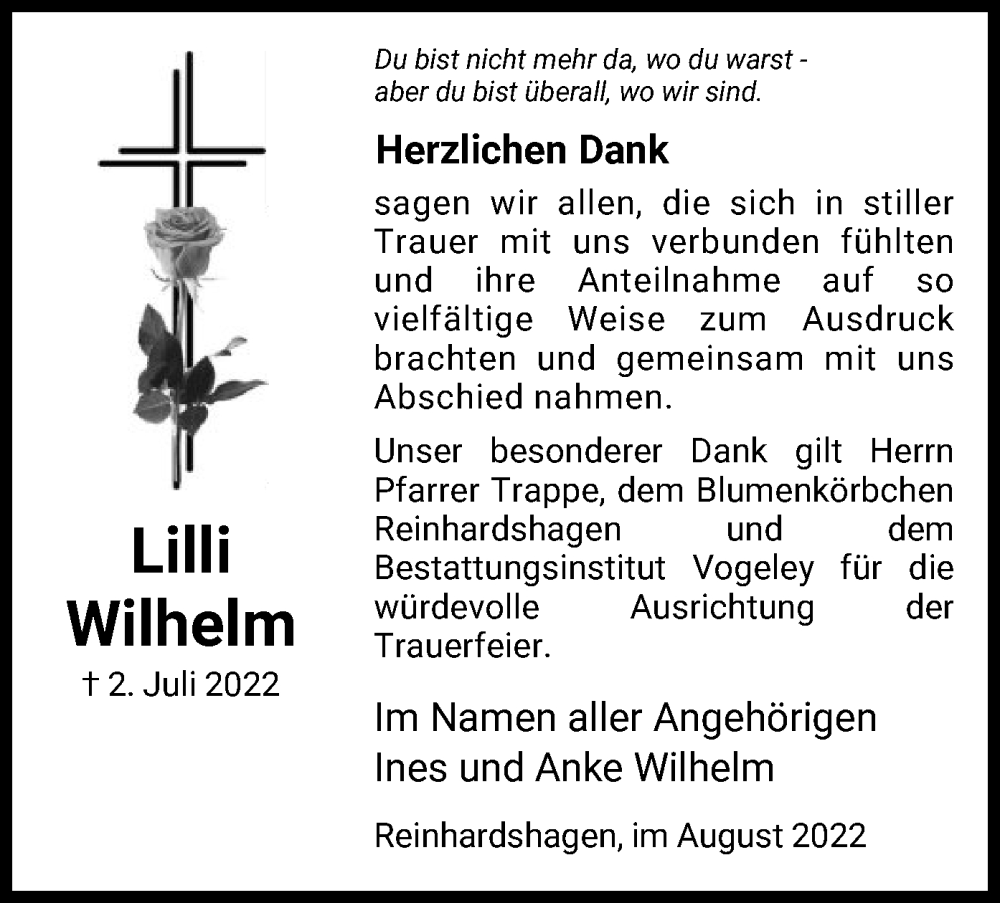  Traueranzeige für Lilli Wilhelm vom 13.08.2022 aus HNA