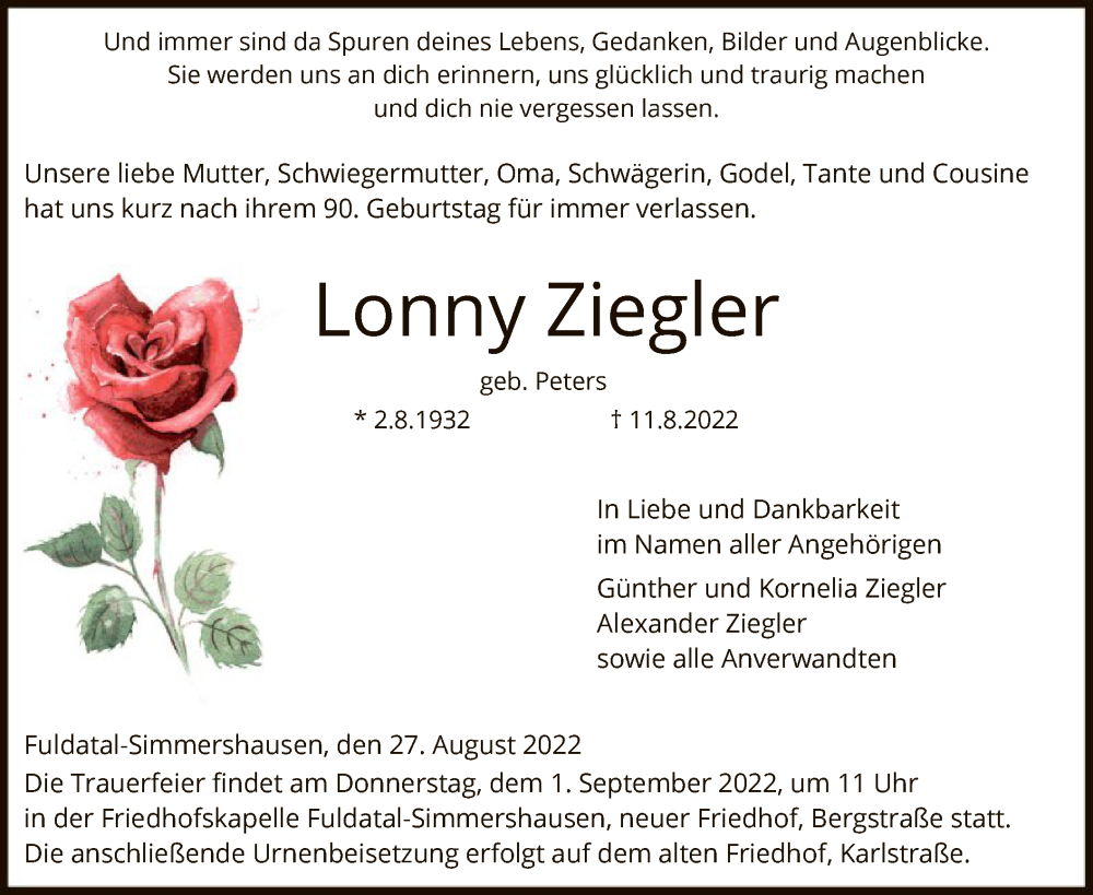  Traueranzeige für Lonny Ziegler vom 27.08.2022 aus HNA