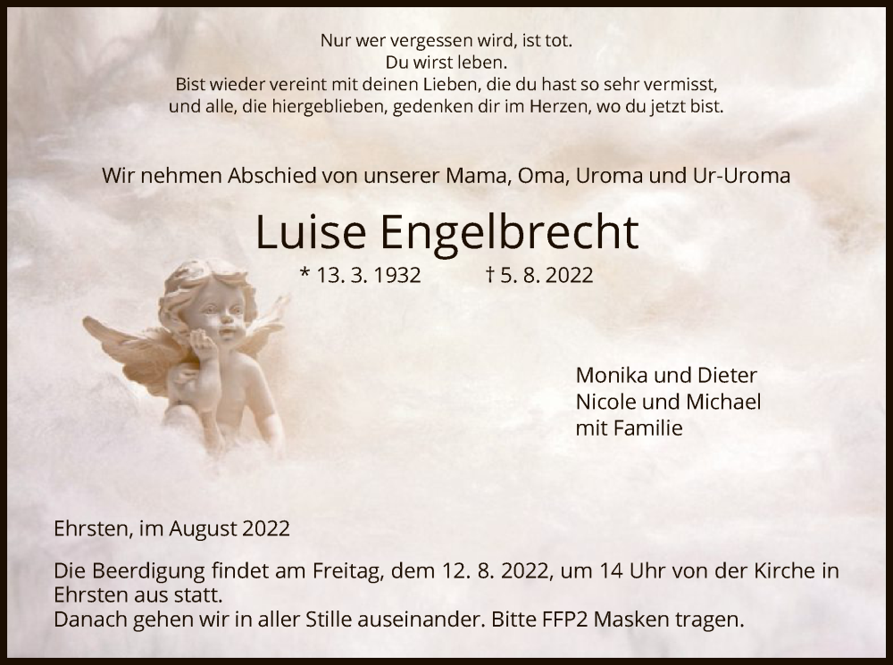  Traueranzeige für Luise Engelbrecht vom 10.08.2022 aus HNA
